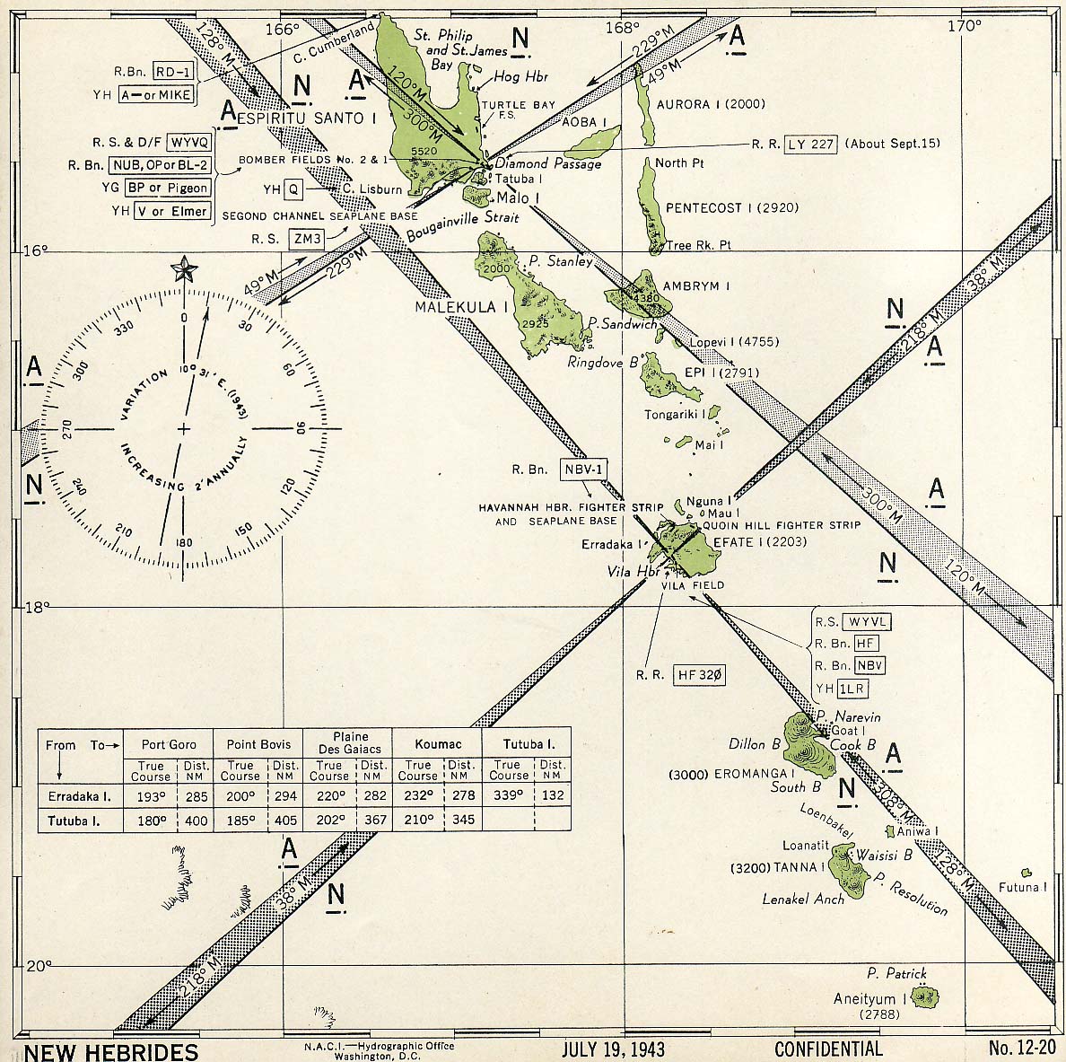 United States Hydrographic Office July 1943 map of the New Hebrides Islands (now Vanuatu) showing friendly aircraft approach bearings.
