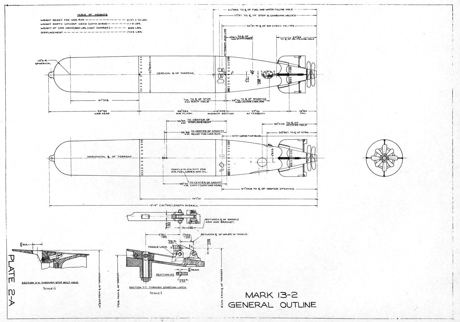 Line drawing of the Mark XIII aerial torpedo taken from the US Navy Bureau of Ordinance (BuOrd) Ordinance Pamphlet, Jul 1942. Photo 3 of 3.