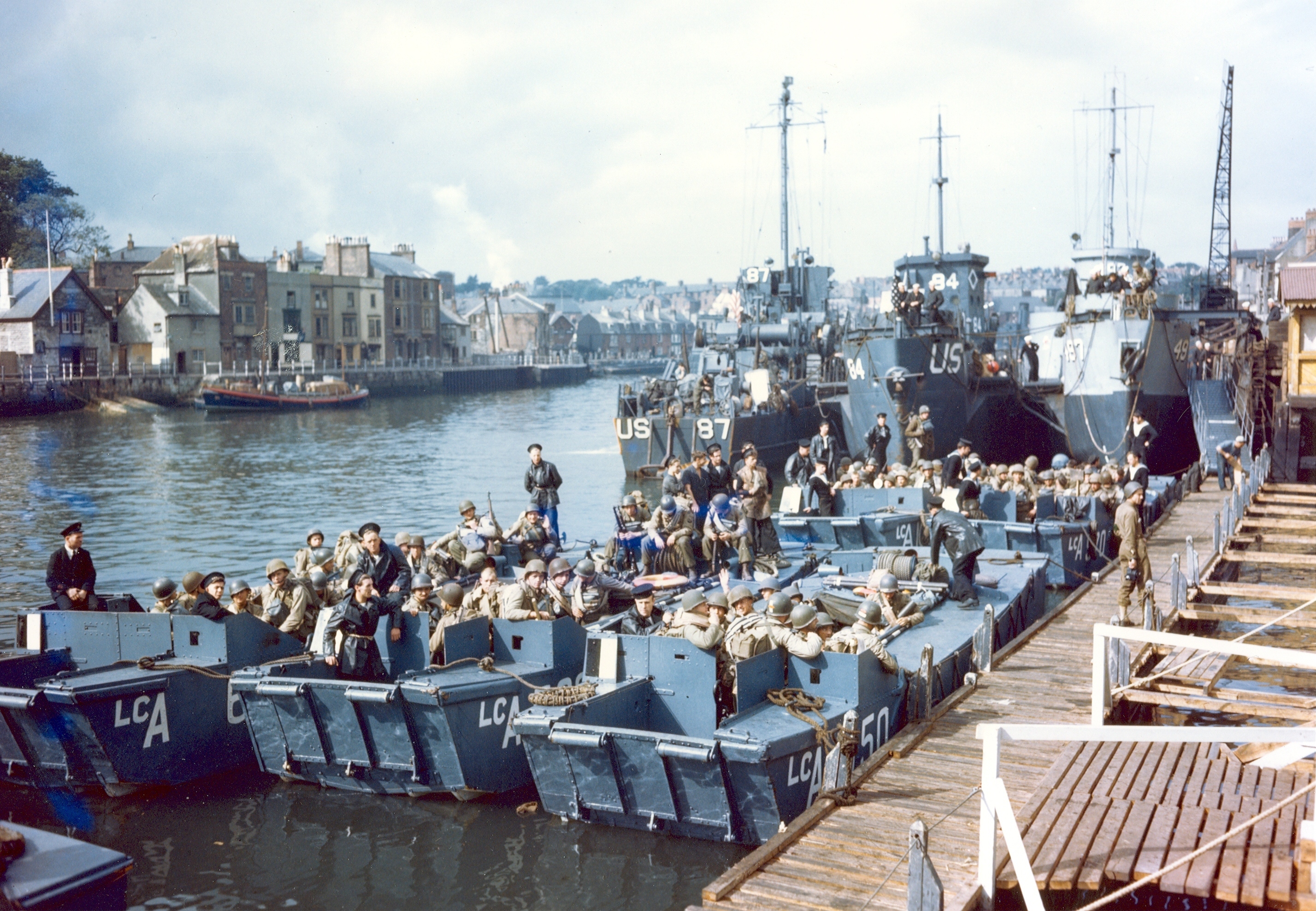 British landing craft, US Army troops, and US Coast Guard LCI(L)s staged at Weymouth, Dorset, England, United Kingdom prior to the Normandy invasion, June 1944.