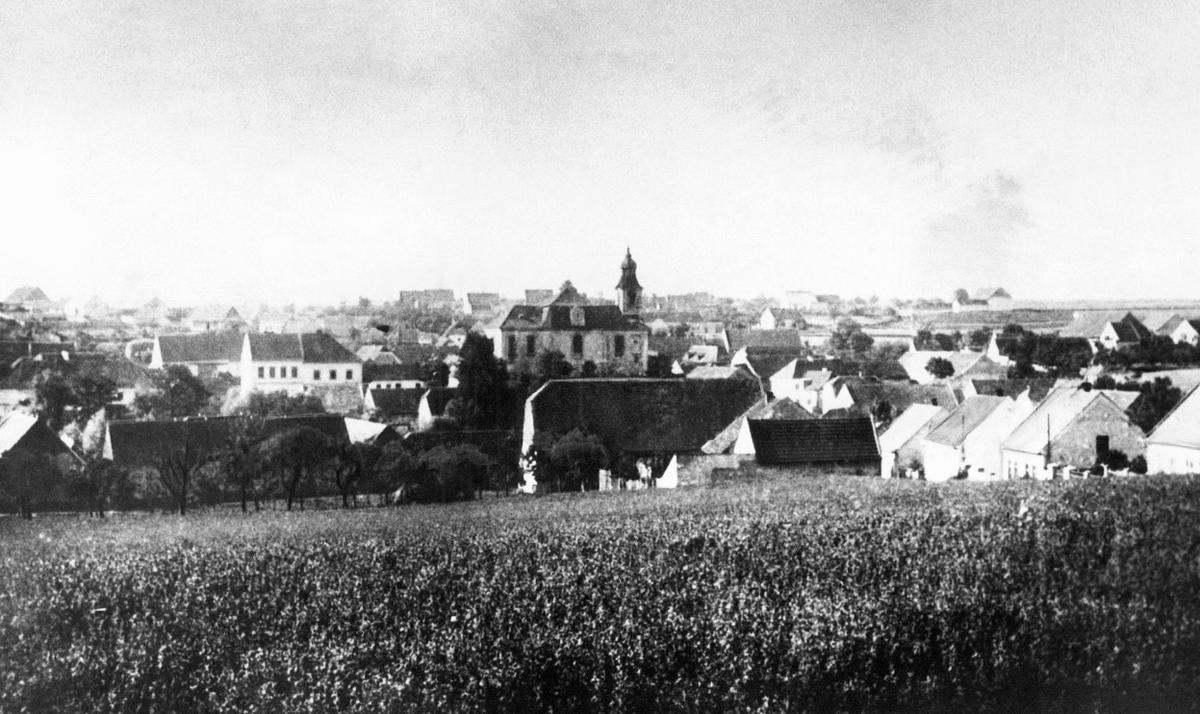 Lidice, Czechoslovakia in the 1930s. St. Martin’s church sits prominently in the center of the village. The dark roofs in the foreground are the Horák family farm where all 173 Lidice men were killed on 10 Jun 1942.
