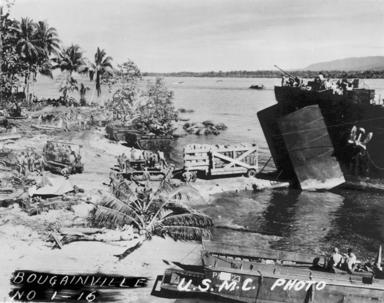 LST unloading supplies, Bougainville, Solomon Islands, 1943-1944