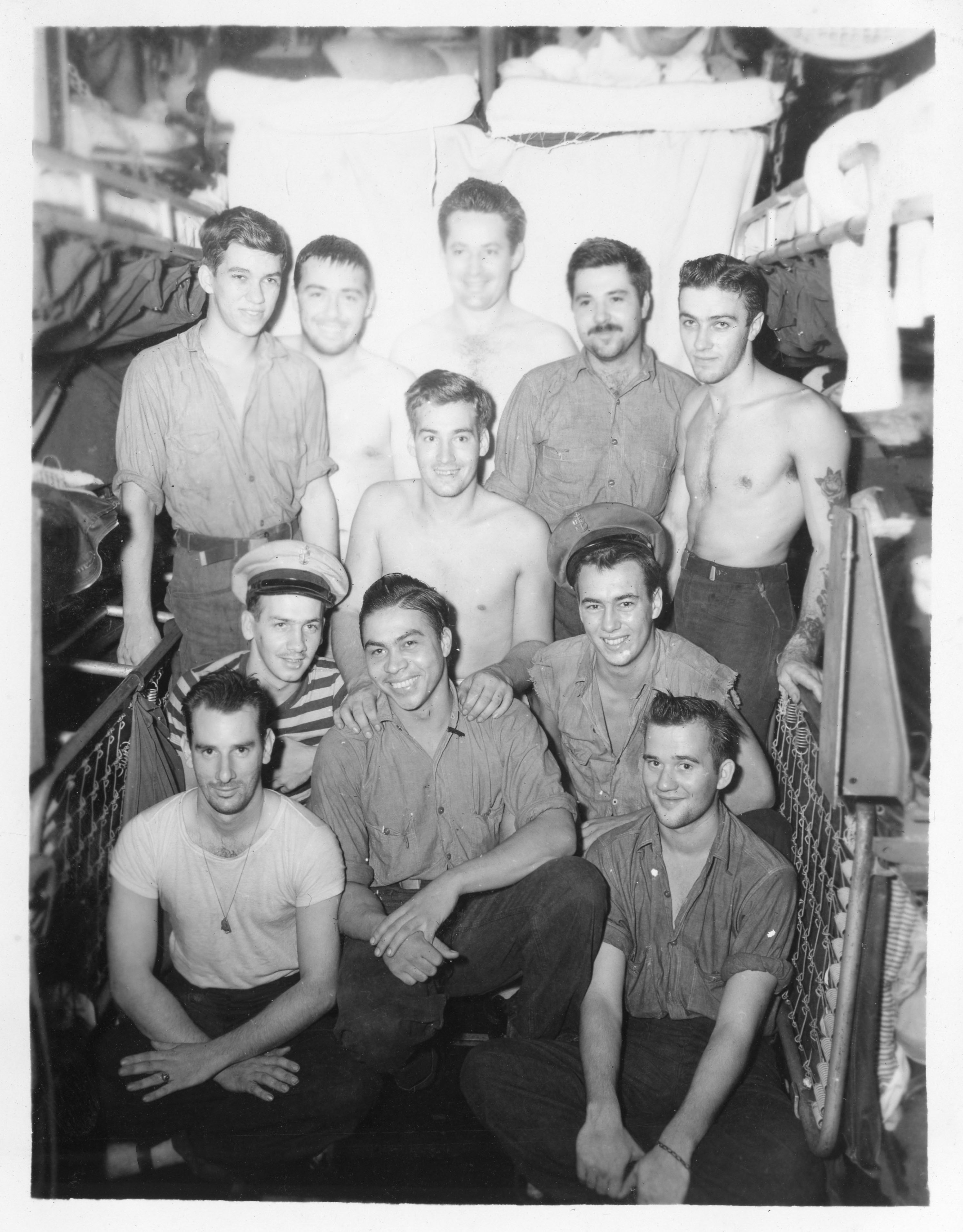 US Navy submariners, 1943-1945; they were likely crewmembers of USS Billfish, USS Bowfin, or USS Burrfish