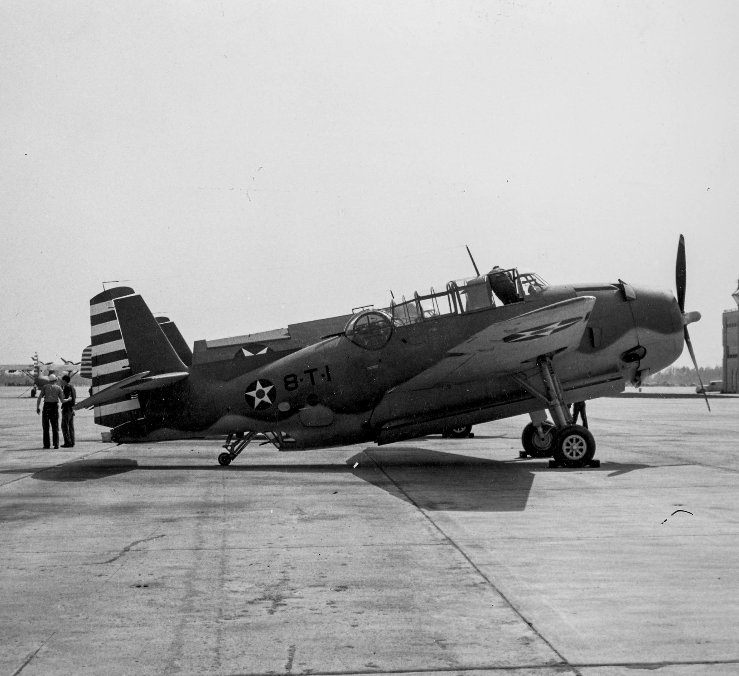 A TBF Avenger of Torpedo Squadron VT-8 at Norfolk, Virginia, United States, Mar 1942. Note the red and white rudder stripes that were authorized for only four months.
