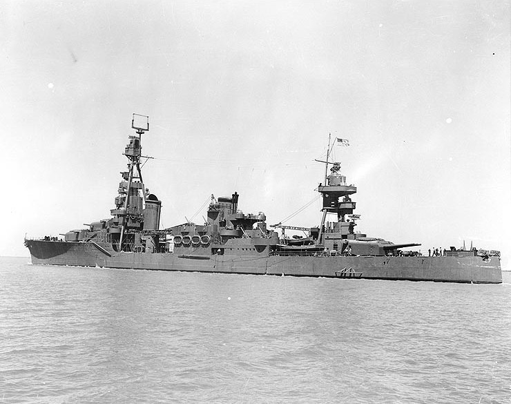 Heavy cruiser USS Chester after an overhaul off Mare Island Naval Shipyard in San Francisco Bay, California, 6 Aug 1942. Photo 2 of 2.