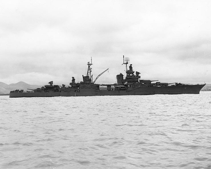 USS Chester at Mare Island Nay Yard on 16 May 1945 after an overhaul that drastically altered her appearance. The foremast was shortened while the mainmast was shifted forward and mounted to the aft smoke stack