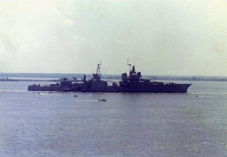 One of the last photographs of the former USS Chester as she was towed out of the Philadelphia reserve fleet on her way to the breakers yard, 1959.