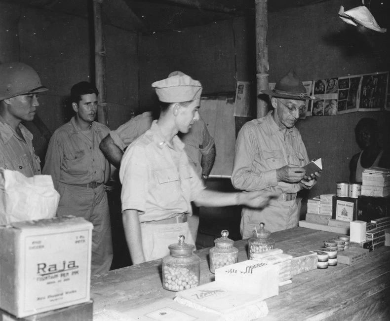 Lieutenant General Joseph Stilwell at a post exchange along the Ledo Road, Assam, India, 15 Jul 1944