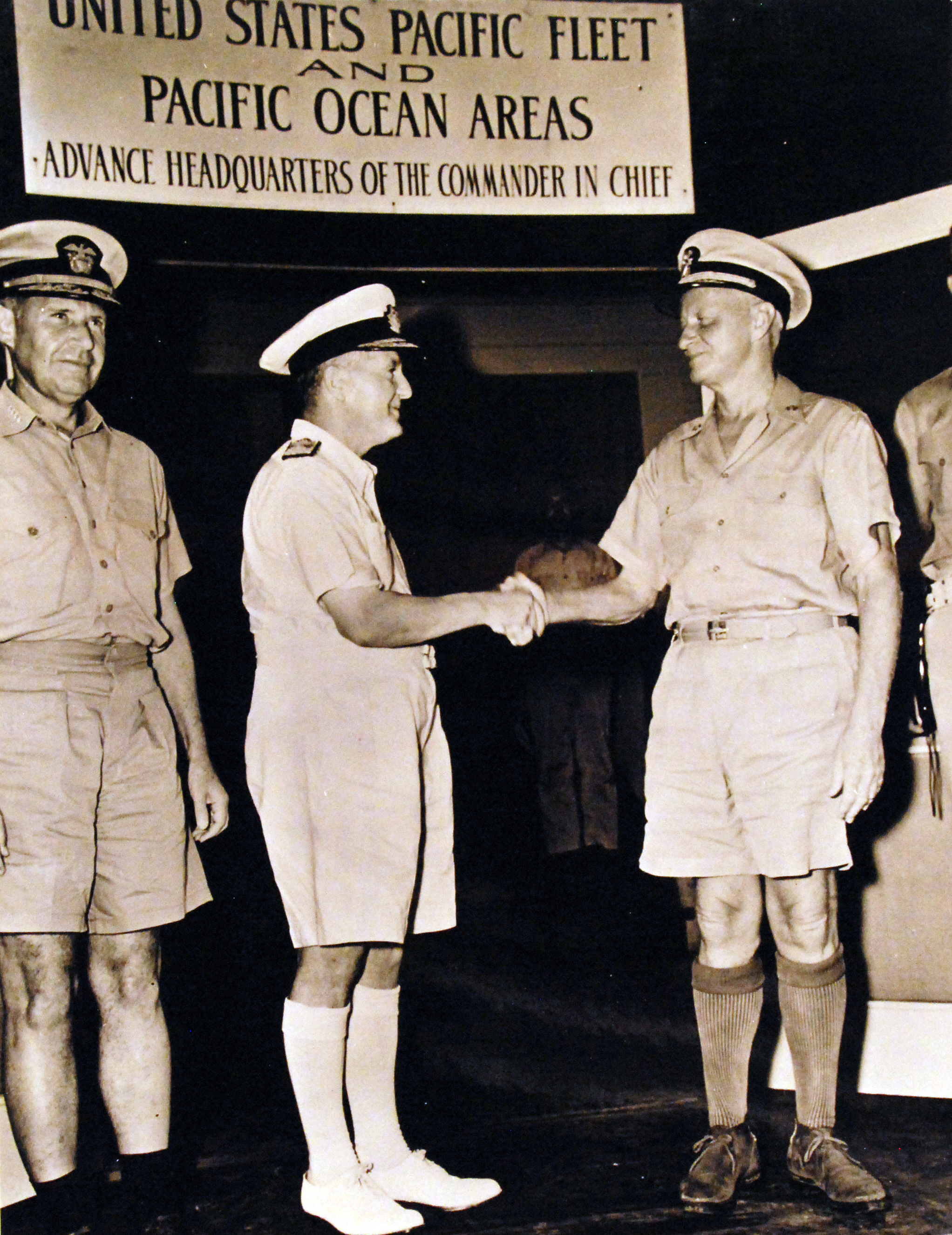 Raymond Spruance, Bruce Fraser, and Chester Nimitz at Nimitz's headquarters on Guam, Aug 1945