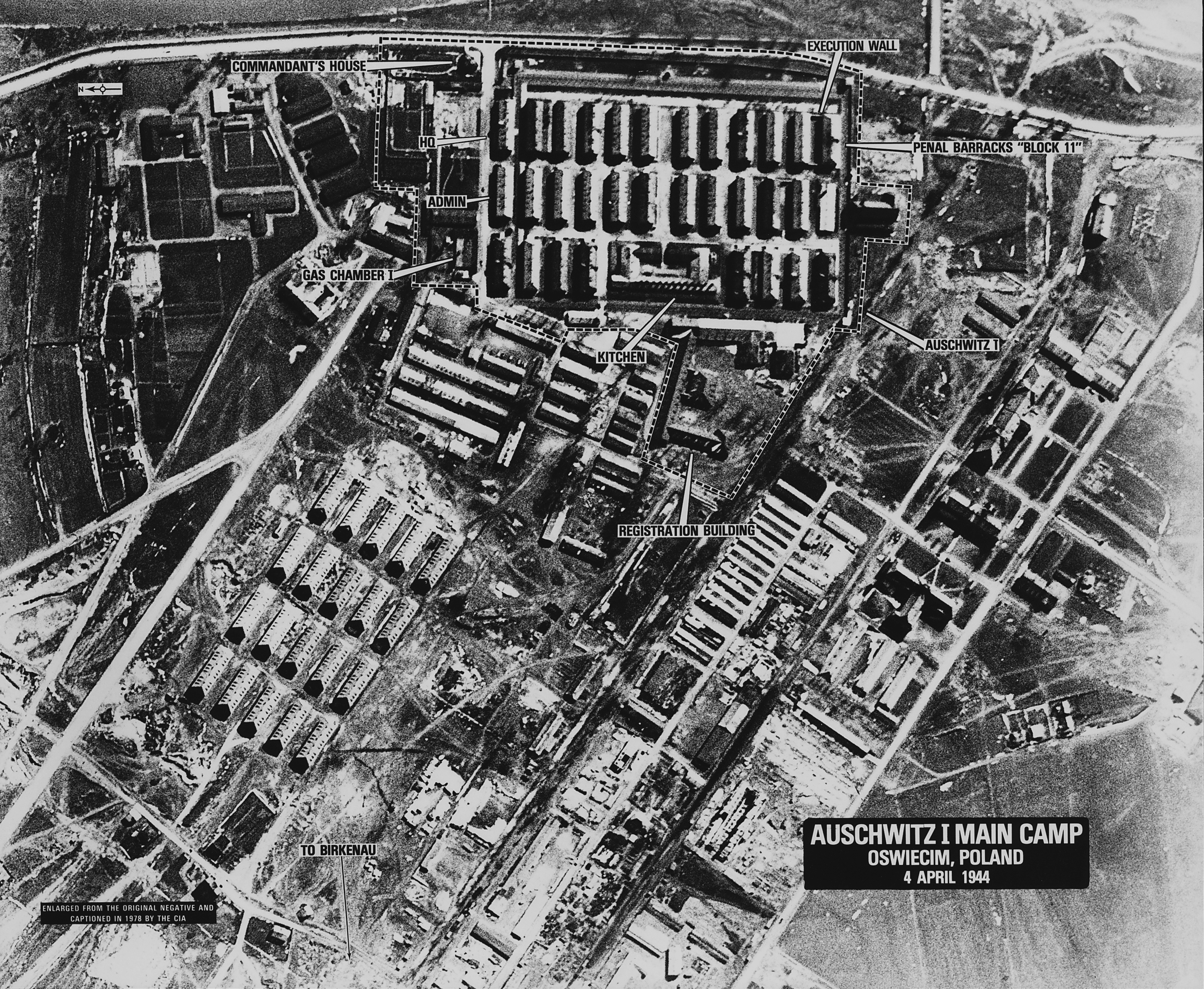 USAAF intelligence aerial photograph of the Auschwitz I main camp at Oświęcim, Poland taken 4 Apr 1944. This is a scan of an enlarged print taken from the original negative and captioned by the CIA in 1978.