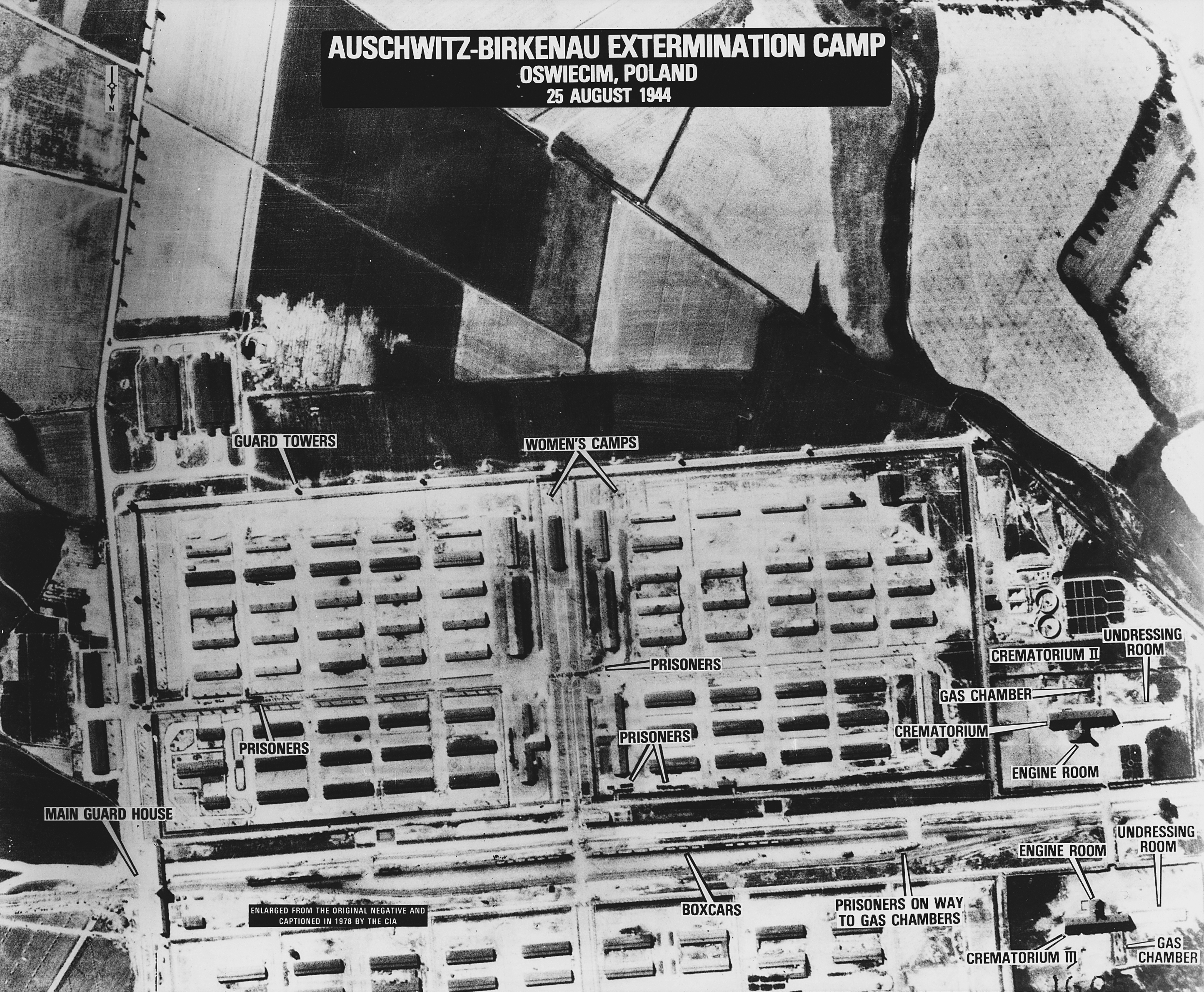 USAAF intelligence aerial photograph of the Auschwitz-Birkenau camp at Oświęcim, Poland taken 25 Aug 1944. This is a scan of an enlarged print taken from the original negative and captioned by the CIA in 1978.