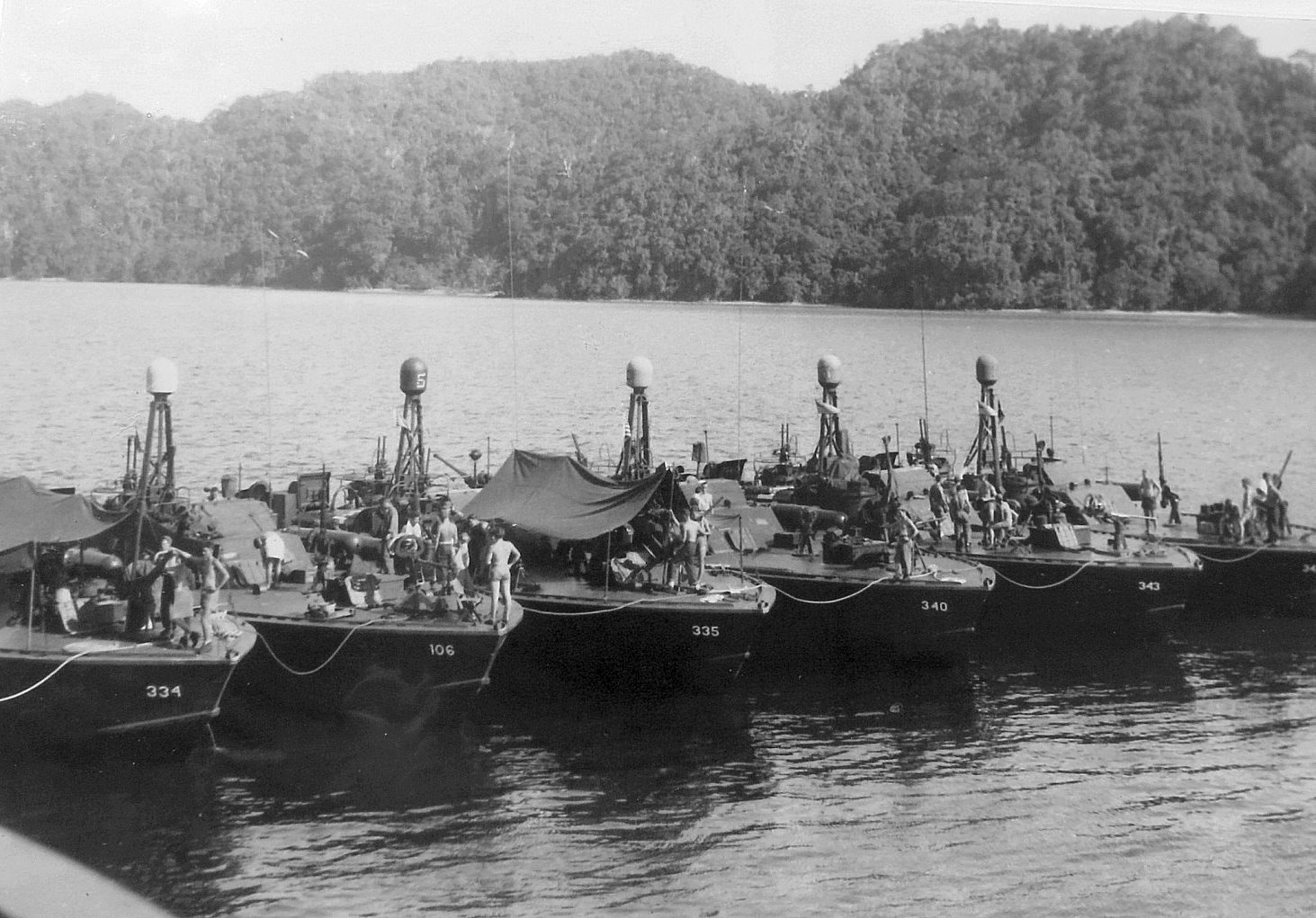 Elco 80-foot torpedo boats of Motor Torpedo Boat Squadron 24 (MTBRon 24) at the forward base in the southwest Pacific, mid-to-late 1945.