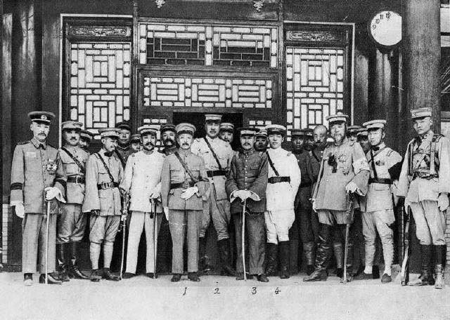 Zhang Zuolin (1), Zhang Zongchang (2), Wu Peifu (3), Zhang Xueliang (4), and others, Shuncheng Junwang Mansion, Beijing, China, 28 Jun 1926