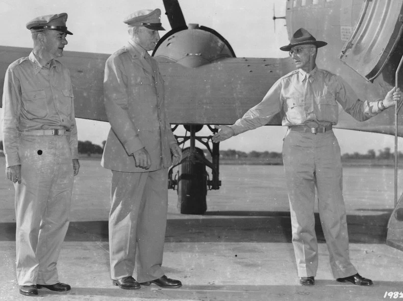 Major General Daniel Sultan, Major General Patrick Hurley, and General Joseph Stilwell boarding an aircraft at New Delhi, India for Chongqing, China, Sep 1944