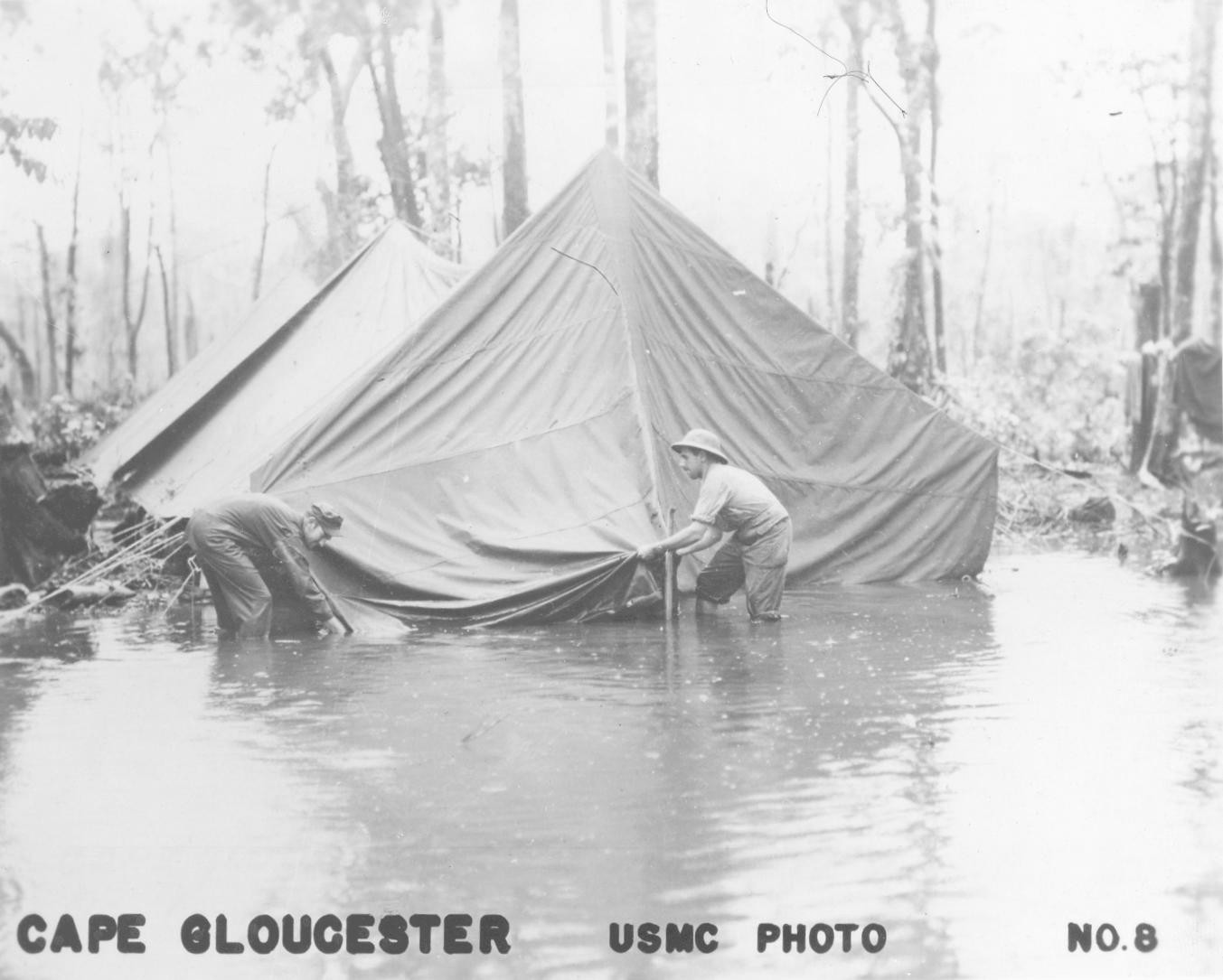 Flooded US Marine camp site, Cape Gloucester, New Britain, 1944