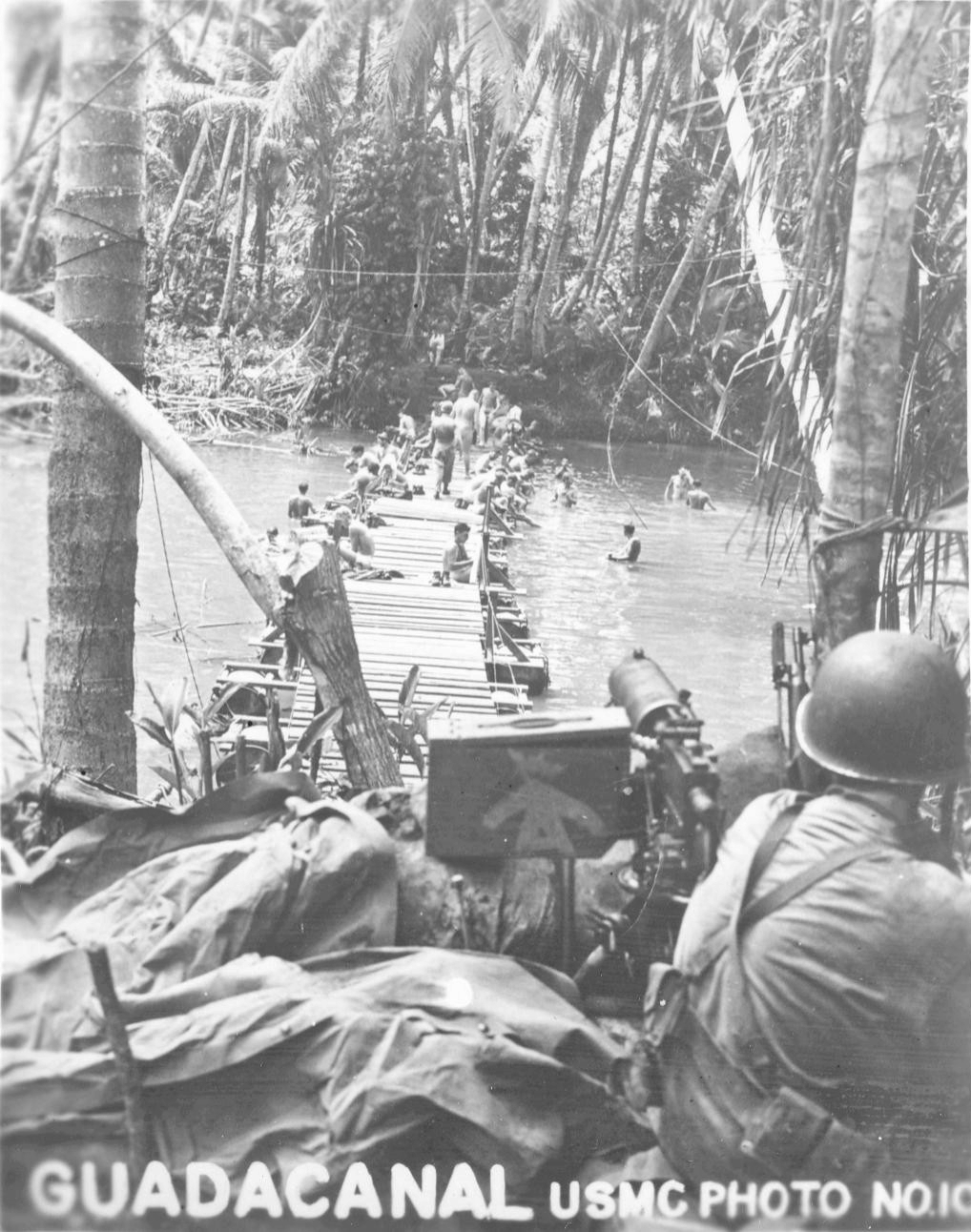 US Marine Browning M1917 machine gun position over a Matanikao River crossing, Guadalcanal, Sep-Oct 1942