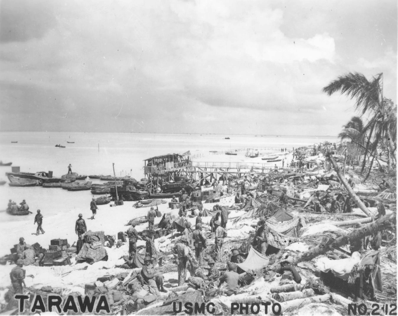 Men and supplies on the beach of Betio, Tarawa, Gilbert Islands, late Nov 1943