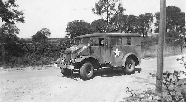 Canadian Ford-built CMP early style cab-and-chassis with a British-built personnel hauler after body being used by the United States Army Air Force in England, 1943-45.