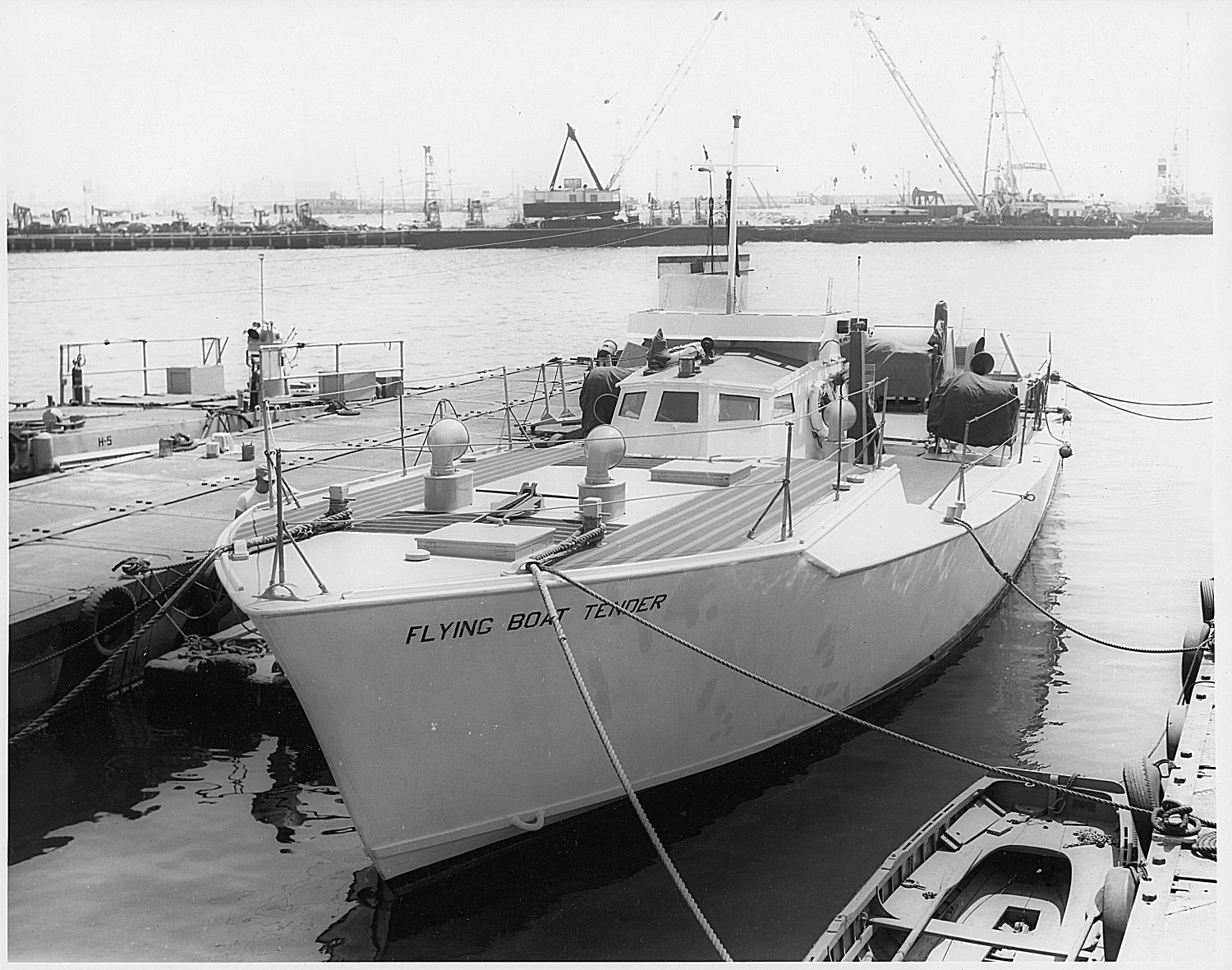 The former PT-694, a 70-foot Vosper, with the Hughes Tool Company as a service boat in the H-4 Flying Boat project, 1950s. Later sold to Universal Studios and painted as PT-73 for the opening credits of “McHale’s Navy.”