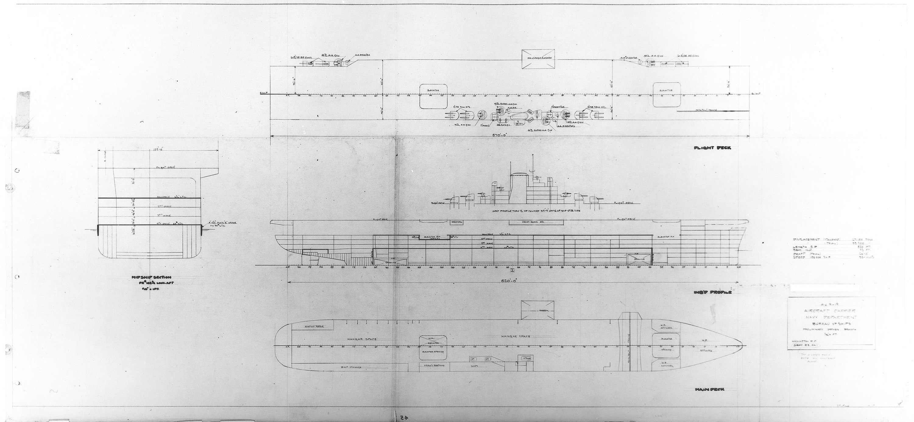 Basic drawing for the proposed new class of United States aircraft carrier, a variation known as Design 9F, that would essentially be adopted for the Essex and the Essex-class, 23 Sep 1941