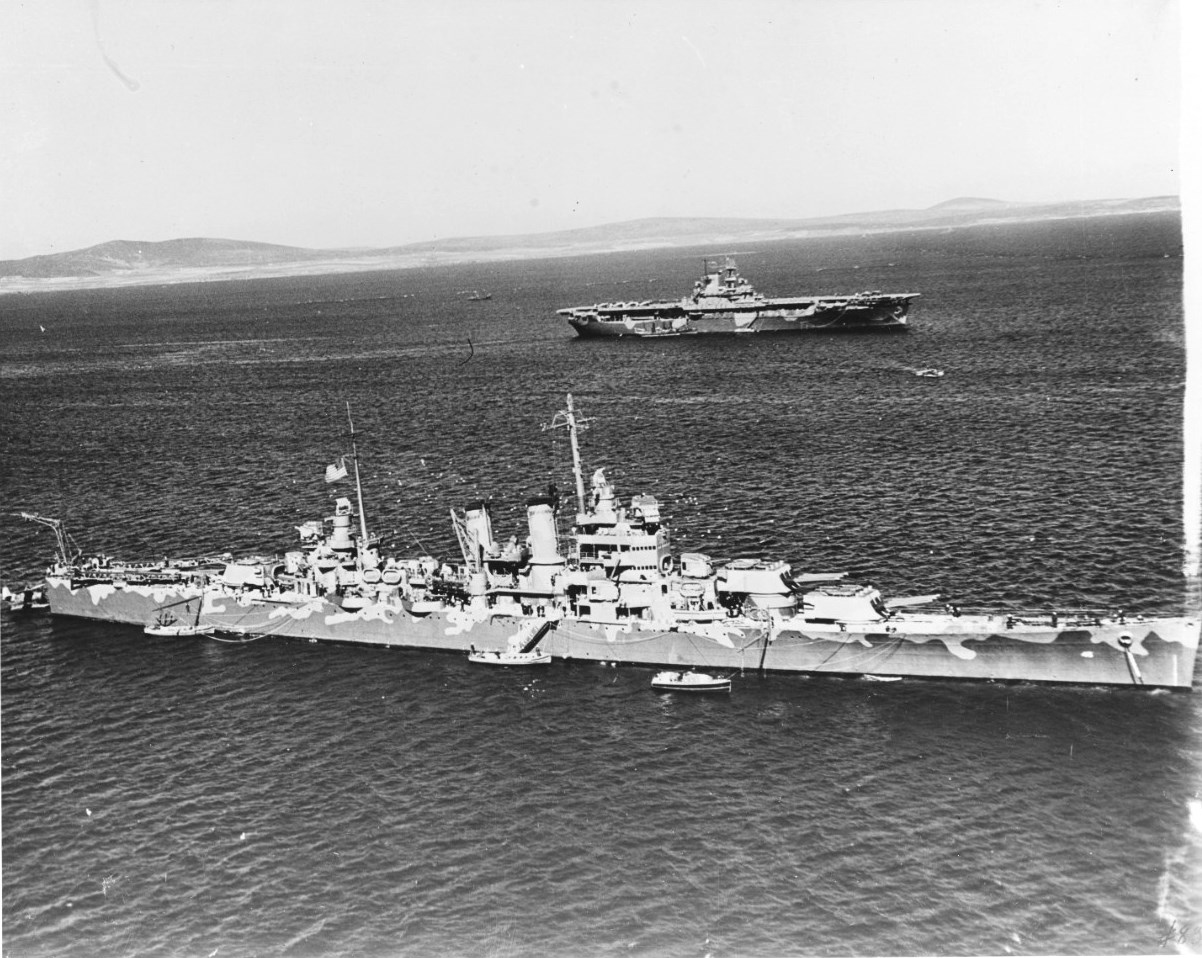 Cruiser USS Wichita at anchor in Scapa Flow, early Apr 1942. Carrier USS Wasp (Wasp-class) is beyond.