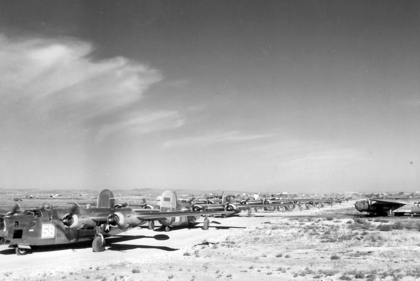 Ten B-24 Liberators of the 451st Bomb Group line up for take-off from Telergma, Algeria bound for their new base at Gioia del Colle, Italy, 20 Jan 1944.