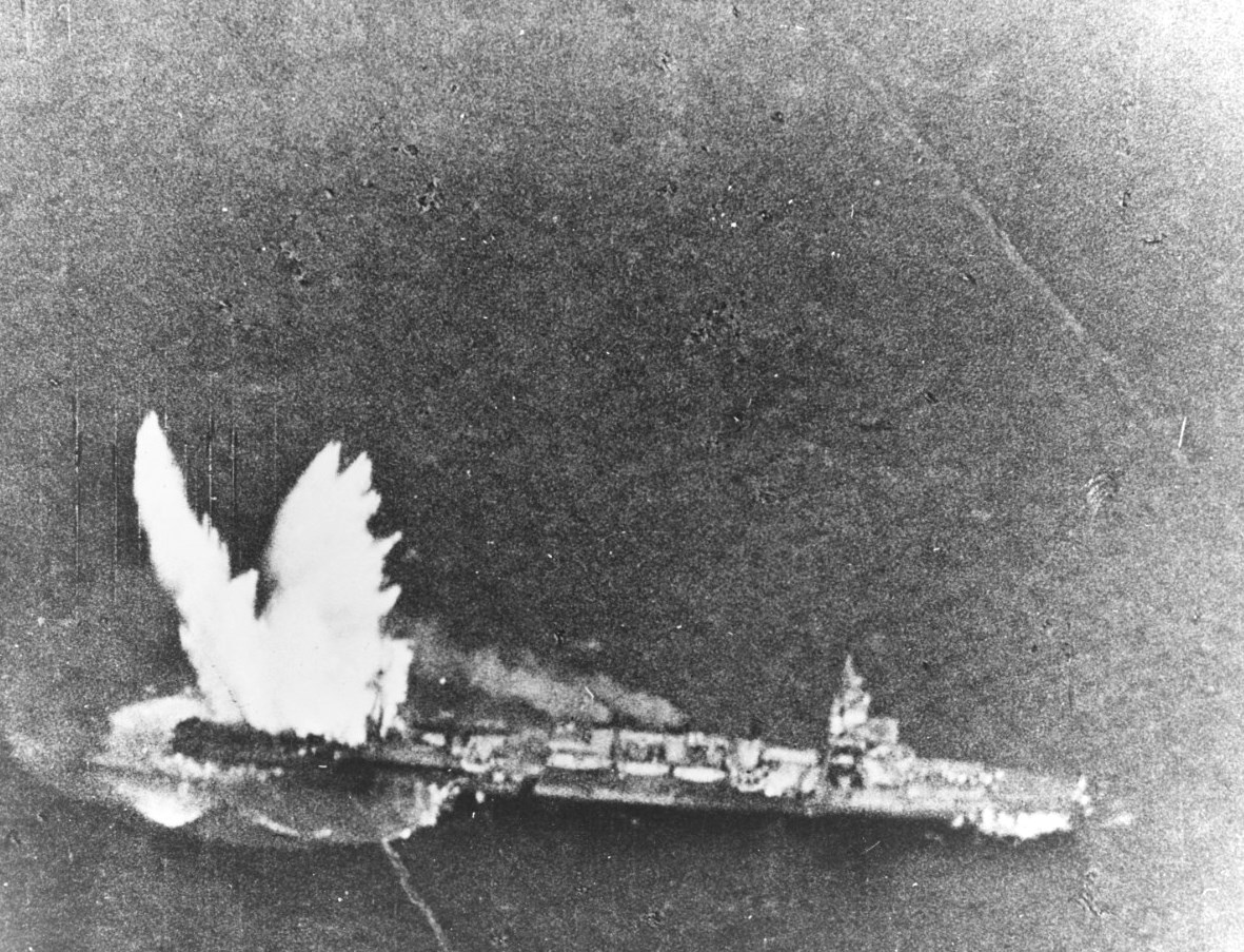 Japanese light cruiser Isuzu hit by an aerial Mark XIII torpedo dropped from a TBF-1 Avenger flown by Lt(jg) E.F. Ternasky flying from USS Lexington (Essex-class), Kwajalein, Marshall Islands, 4 Dec 1943