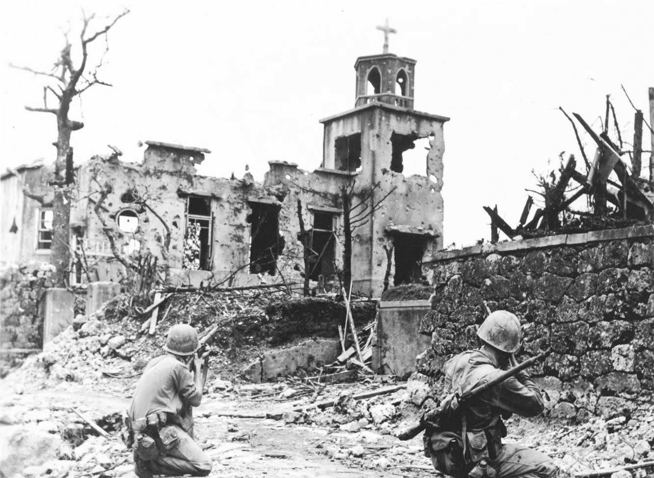 US Marines aiming at a church suspected of being a Japanese position, Okinawa, Japan, 1945