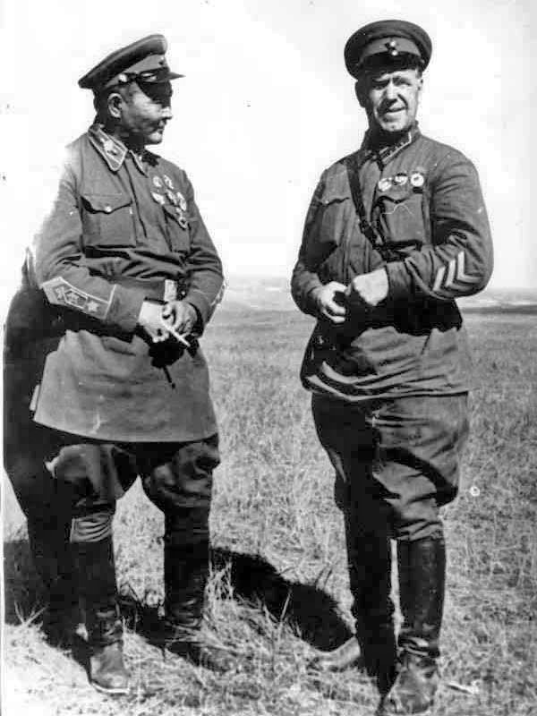 Georgy Zhukov and Khorloogiin Choibalsan during the Battle of Khalkhin Gol, Mongolia Area, China, 1939, photo 2 of 2