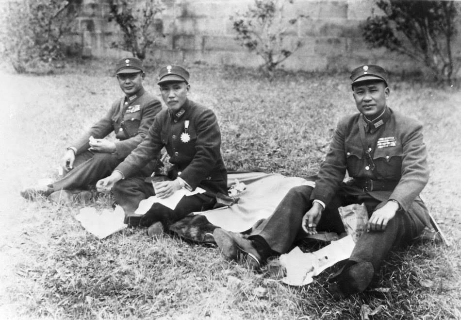 He Yingqin, Chiang Kaishek, and Bai Chongxi at Sun Yat-sen Mausoleum, Nanjing, China, post-WW2