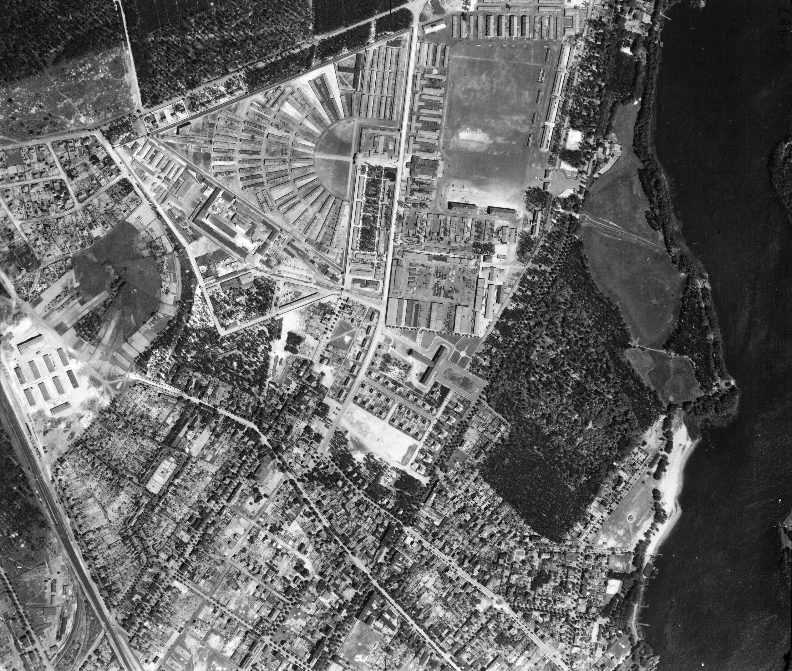 Aerial view of Sachsenhausen Concentration Camp, Germany, 20 May 1943; photo taken by a British No. 542 Squadron RAF aircraft