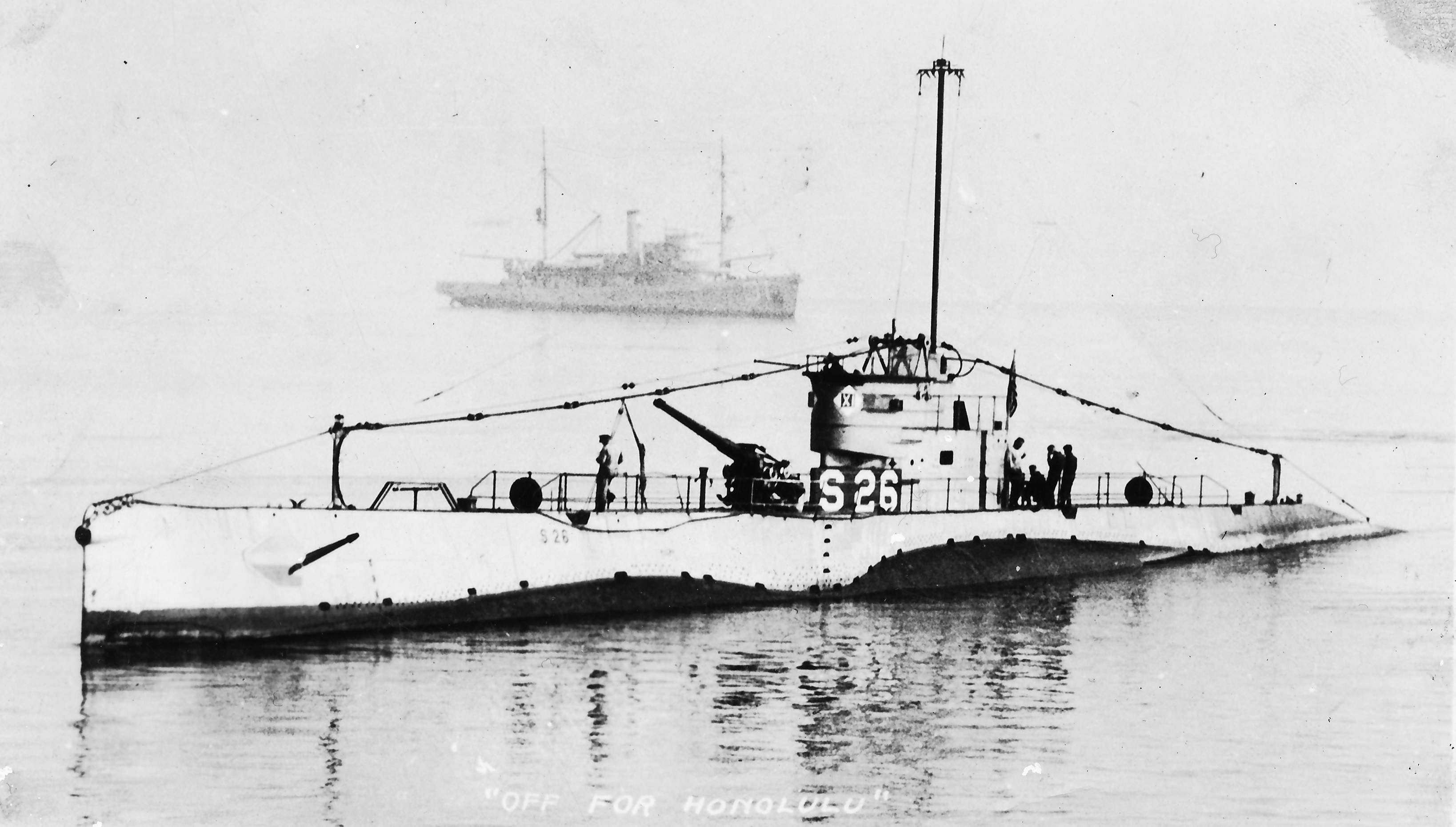 S-26 at San Diego, California, United States, 1927-1930; background probably minesweeper Tern (AM-31)