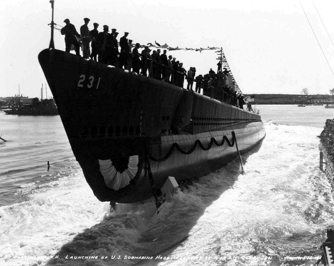 Launching ceremony of Haddock, Portsmouth Navy Yard, Kittery, Maine, United States, 20 Oct 1941