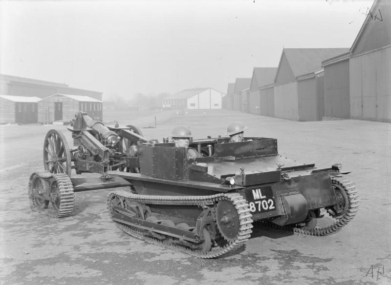 Carden Loyd Mark VI tankette towing a 3.7 inch QF Howitzer Mk I, circa 1929