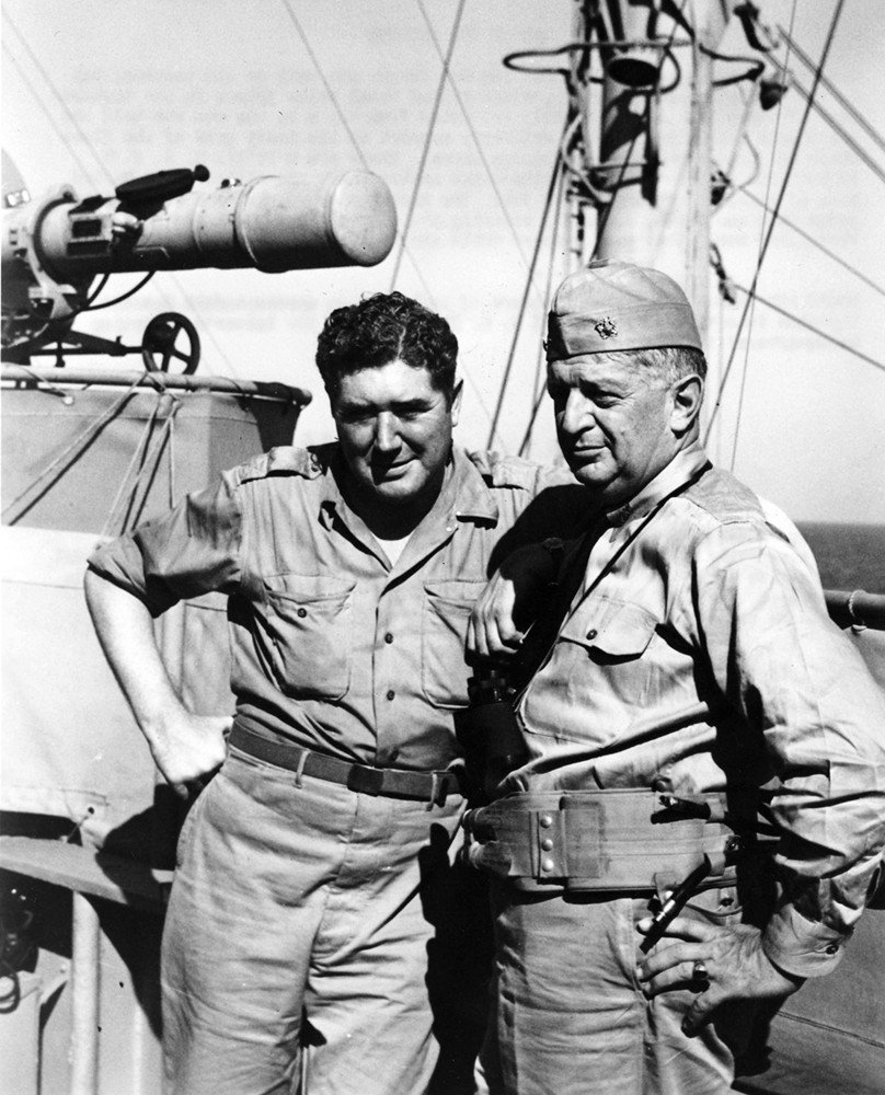 War correspondent Quentin Reynolds and Vice Admiral H. Kent Hewitt aboard USS Ancon, mid- or late-1943