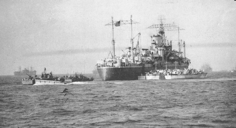 USS Ancon at anchor off Normandie, France, Jun 1944