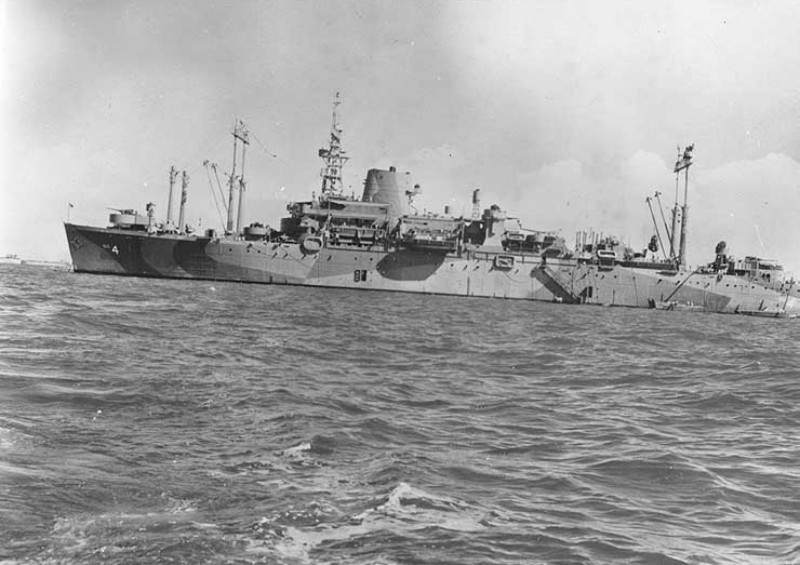 USS Ancon at anchor, Manila Bay, Philippine Islands, mid-Aug 1945, photo 2 of 2; note Measure 31a, Design 18Ax camouflage