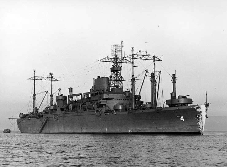USS Ancon at anchor, San Francisco Bay, California, United States, circa Dec 1945