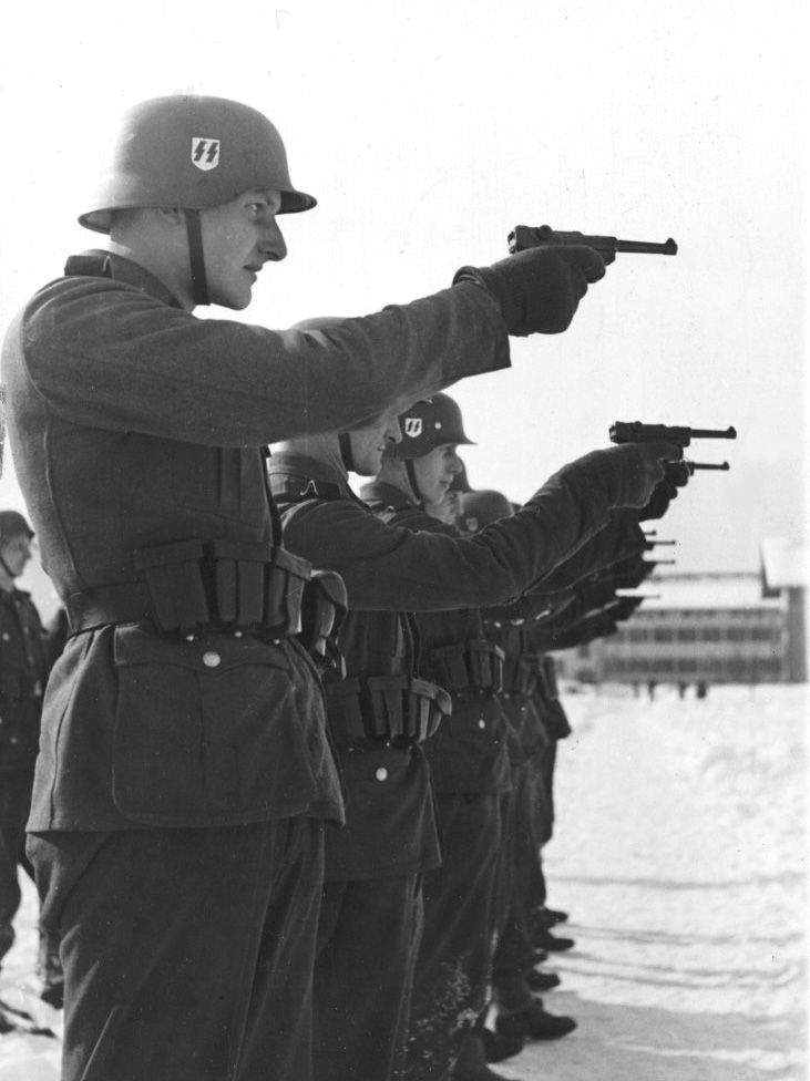 Waffen-SS grenadiers training with P08 Luger pistols, 1942-43, location unknown.