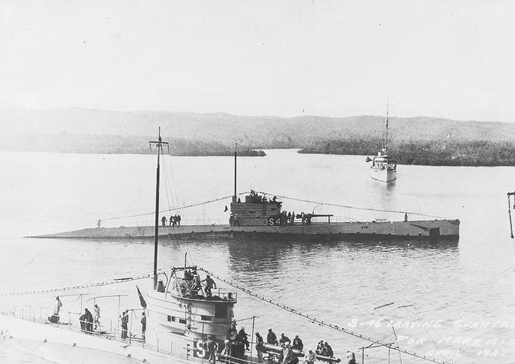 USS S-44 (foreground) and USS S-45 (background), Guantanamo Bay, Cuba, Apr 1927; note USS Moody in far background