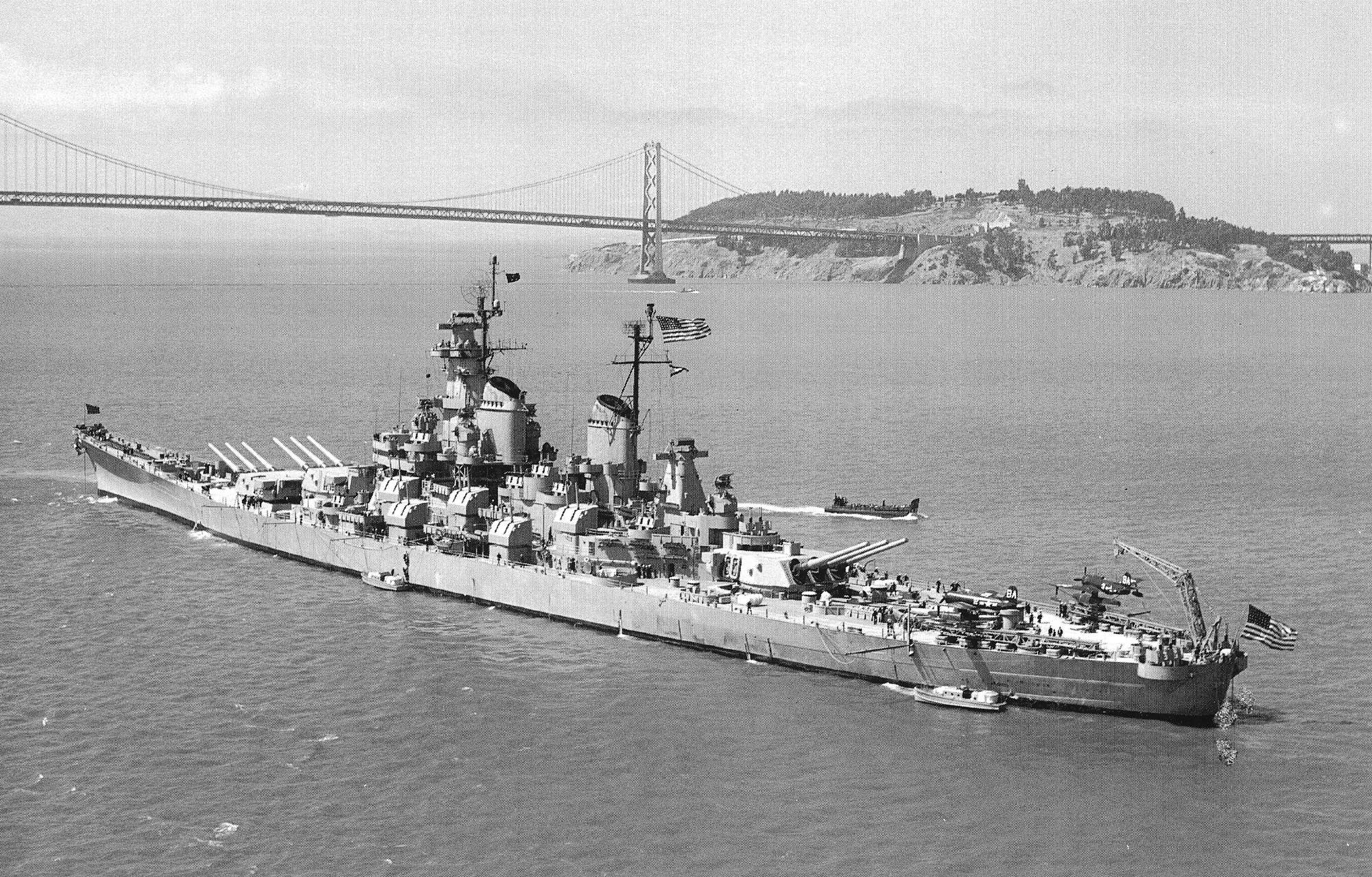 Battleship USS Iowa on display in San Francisco Bay, California, United States, 24 May 1947. Note San Francisco-Oakland Bay Bridge and Yerba Buena Island in the background.