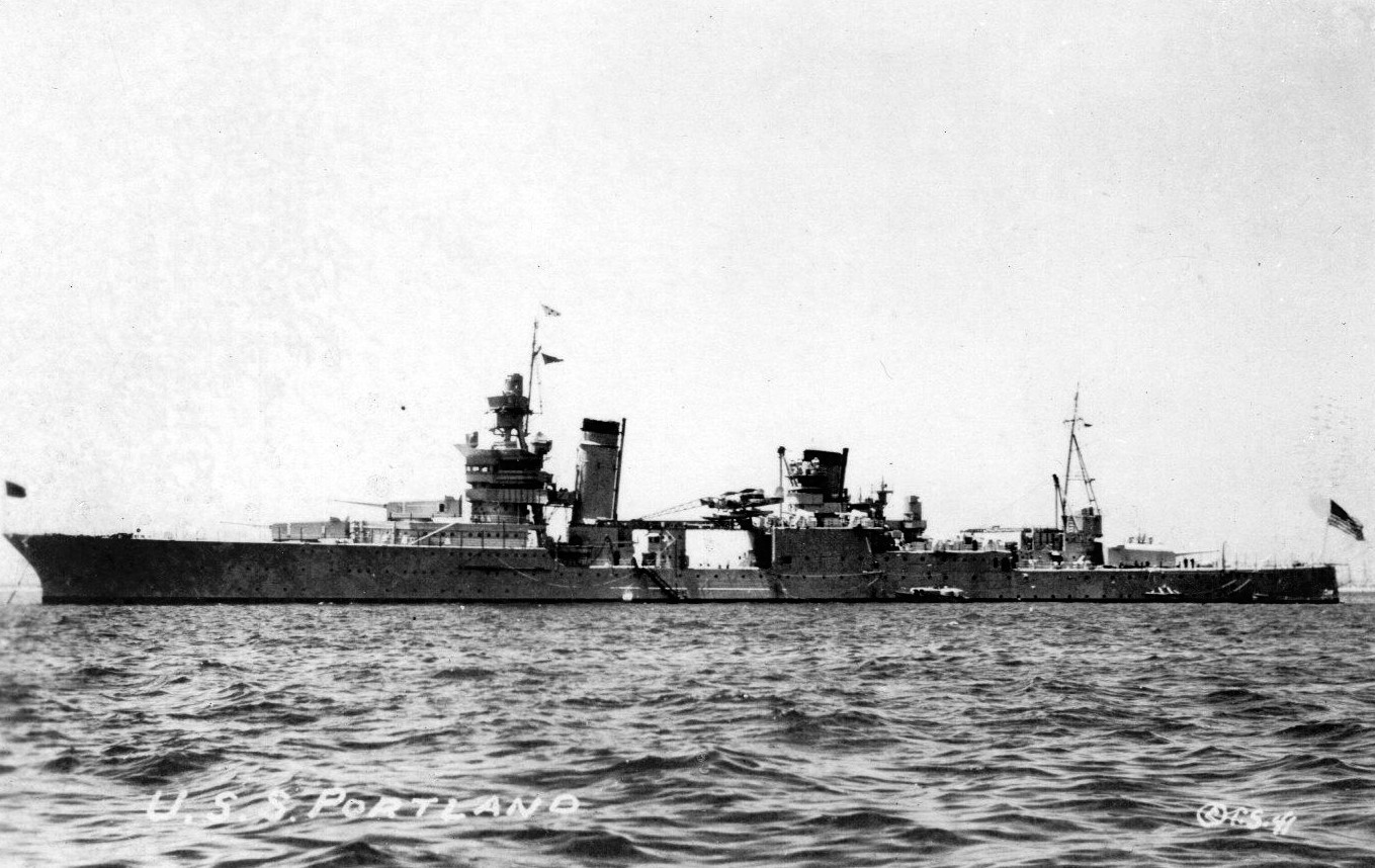 Cruiser USS Portland at anchor, unknown location, 1930s.