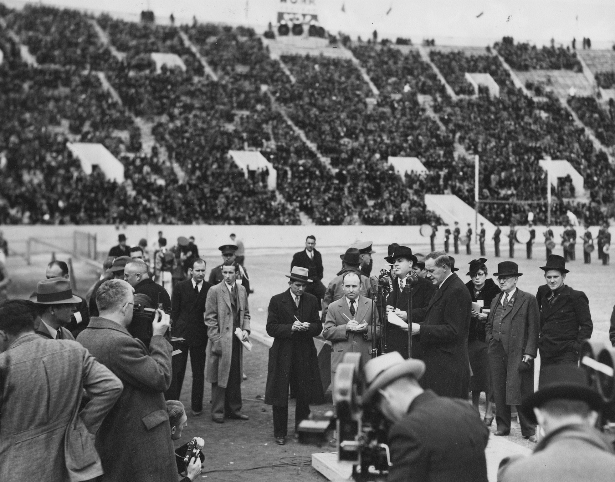 Harry Hopkins speaking at the dedication ceremony of LSU Stadium, Baton Rouge, Louisiana, United States, 28 Nov 1936