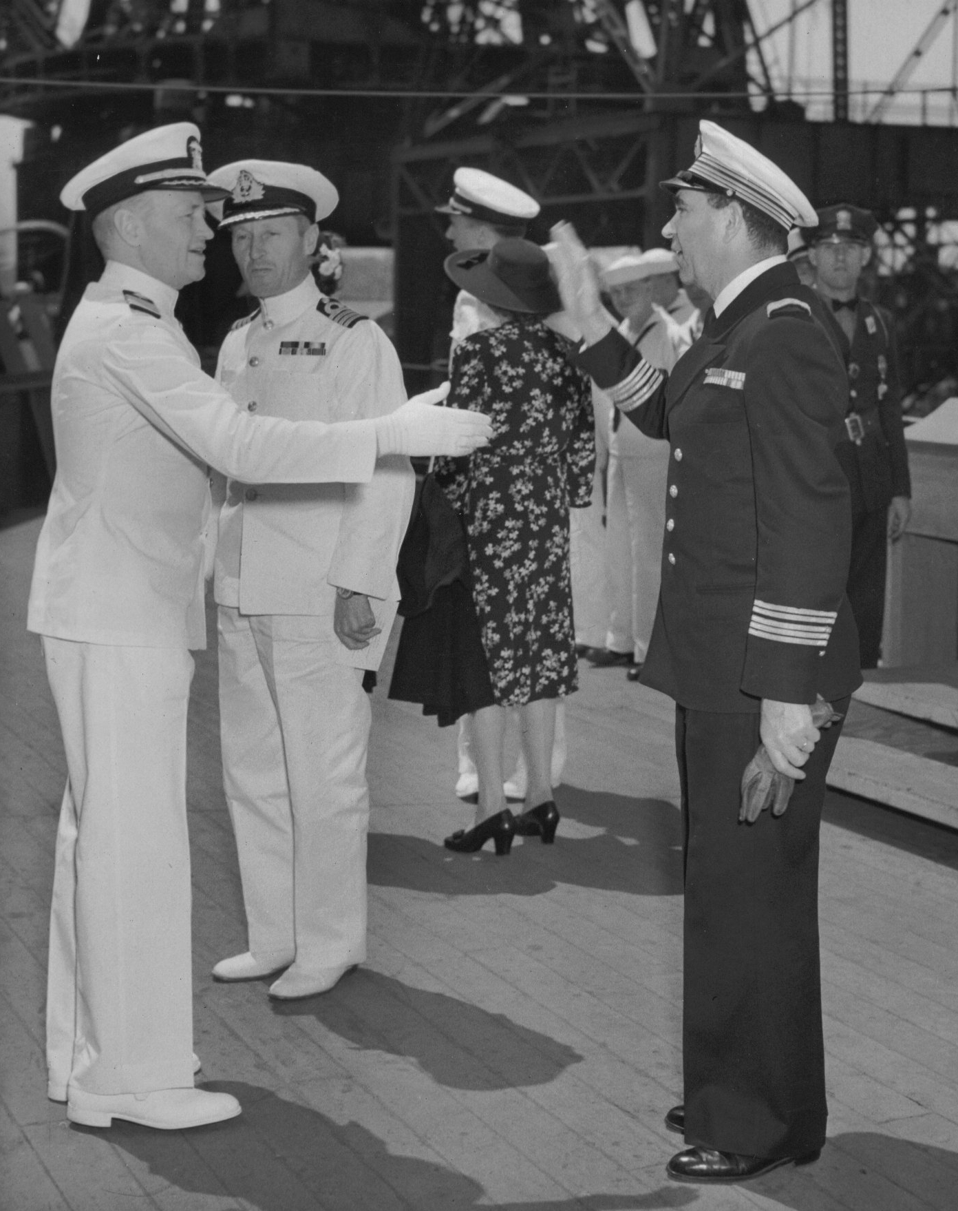Commissioning ceremony of USS New Jersey, Philadelphia Navy Yard, Pennsylvania, United States, 23 May 1943, photo 09 of 25; note Captain Carl Holden on left