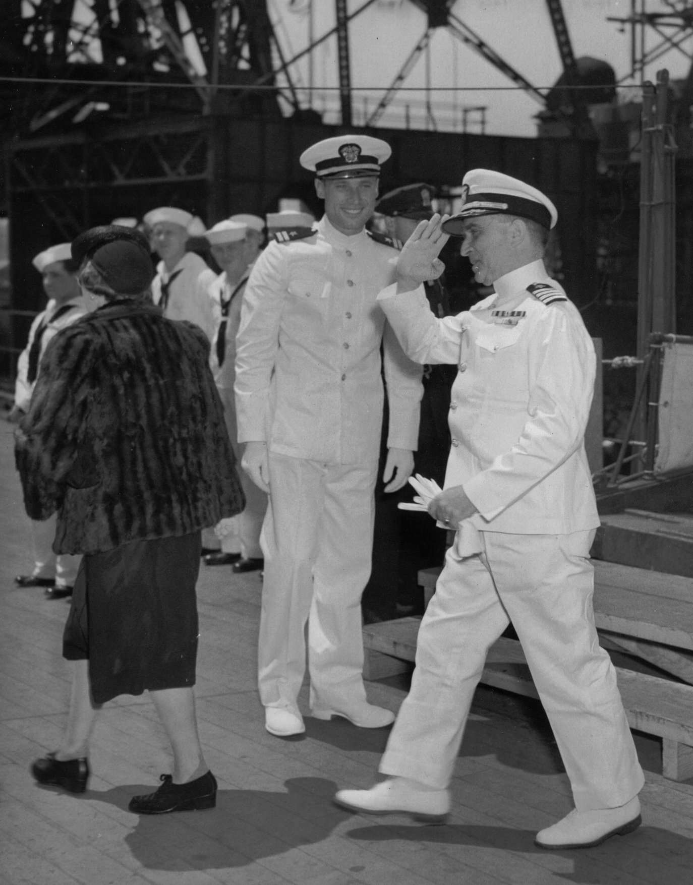 Commissioning ceremony of USS New Jersey, Philadelphia Navy Yard, Pennsylvania, United States, 23 May 1943, photo 10 of 25; note roommate of Robert Elliott on left