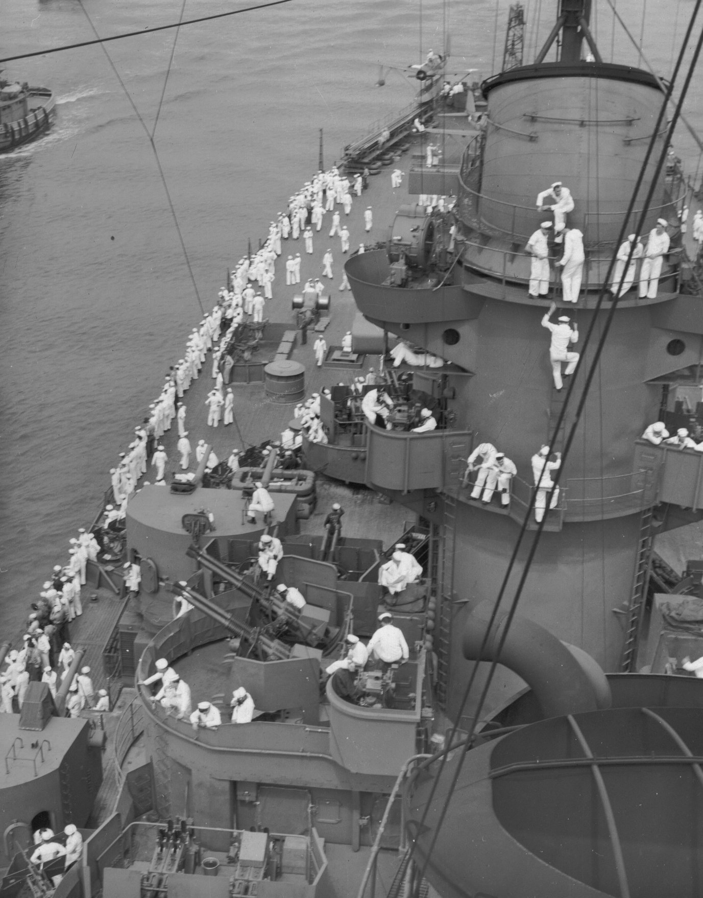 Sailors of USS New Jersey preparing for the commissioning ceremony, Philadelphia Navy Yard, Pennsylvania, United States, 23 May 1943
