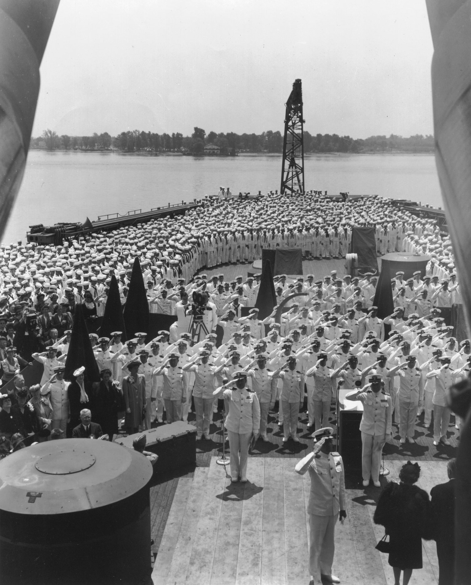 Officers saluting during the commissioning ceremony of USS New Jersey, Philadelphia Navy Yard, Pennsylvania, United States, 23 May 1943
