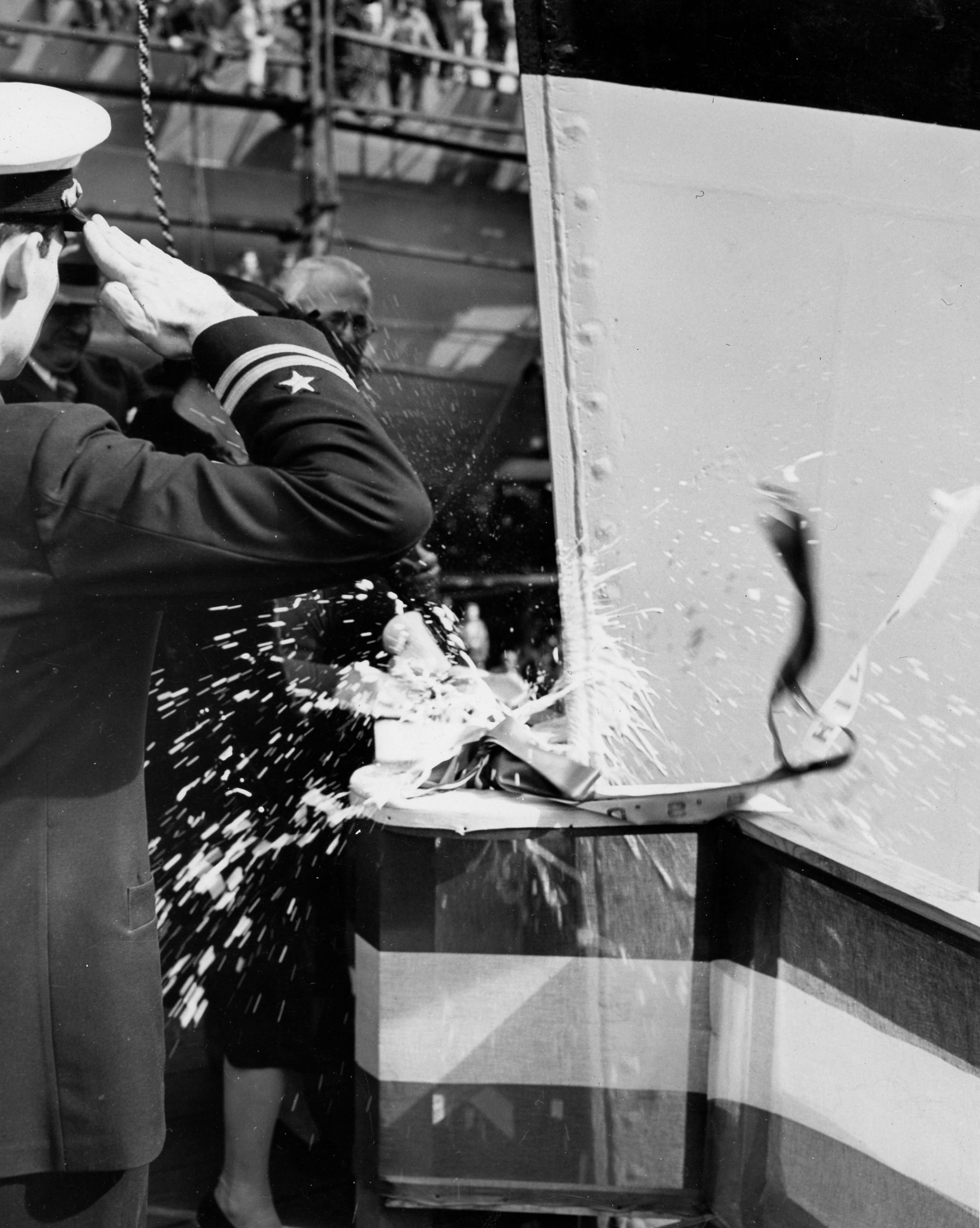 Christening of battleship New Jersey by Carolyn Edison, wife of New Jersey Governor and former Secretary of the Navy Charles Edison, Philadelphia Navy Yard, Pennsylvania, United States, 7 Dec 1942