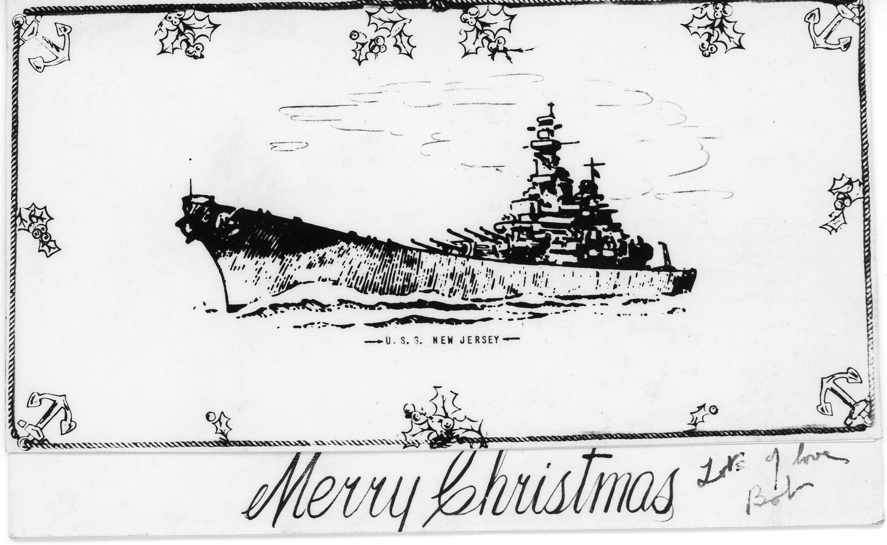 Christmas holiday card featuring USS New Jersey, date unknown