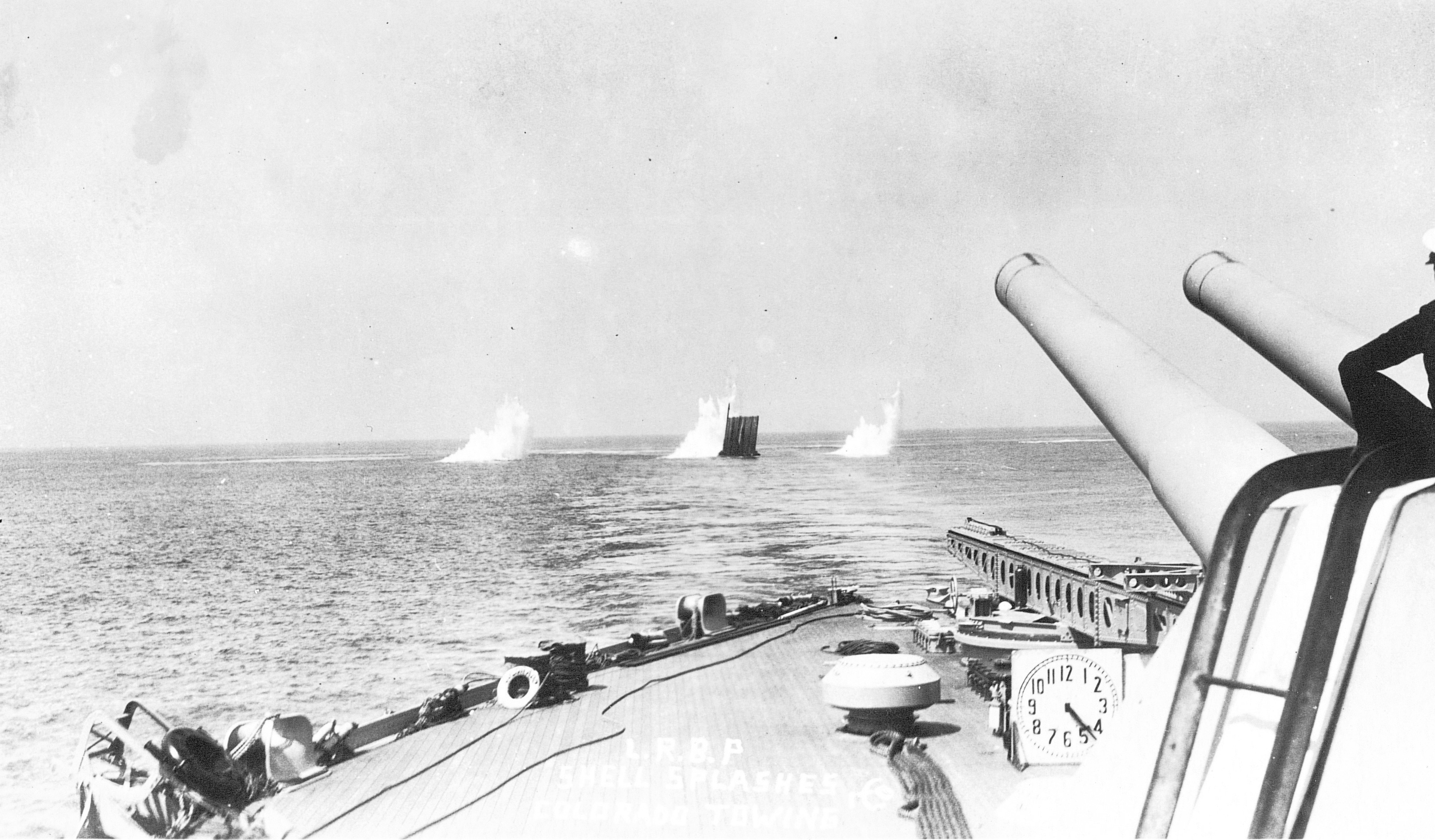 USS Colorado towing targets for long range battle practice, mid-1920s