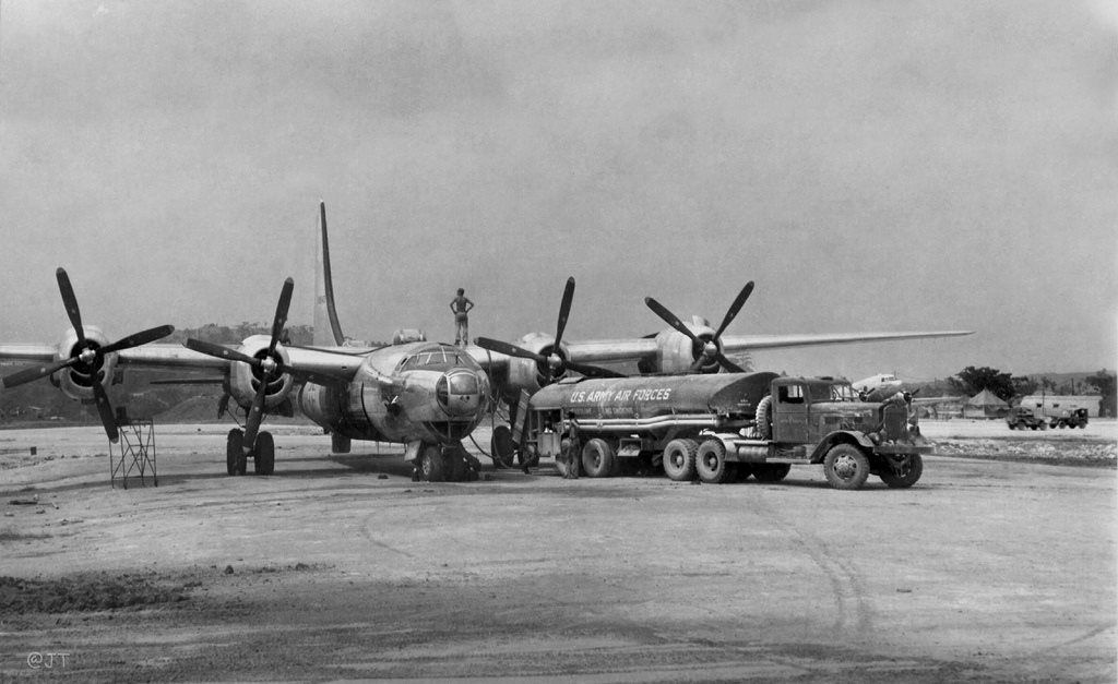 XB-32 Dominator bomber of USAAF 386th Bombardment Squadron refueling at Yontan Airfield, Okinawa, Japan, Aug-Sep 1945
